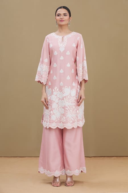 Surabhi Arya_Pink Round Chanderi Embroidered Kurta Set_Online_at_Aza_Fashions