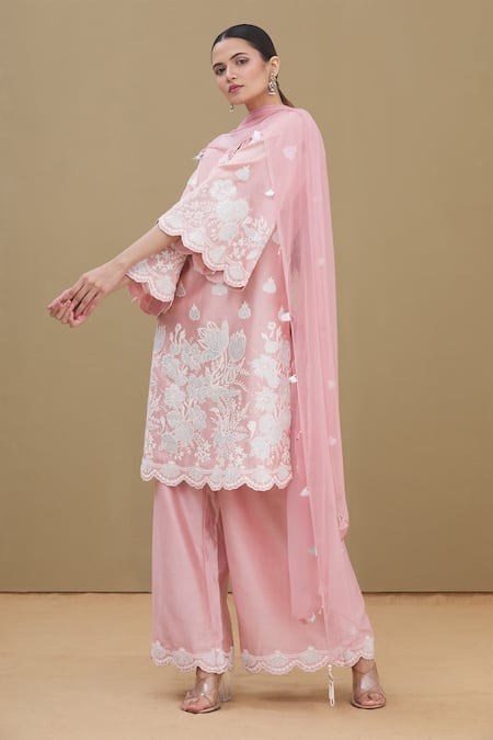 Buy_Surabhi Arya_Pink Round Chanderi Embroidered Kurta Set_Online_at_Aza_Fashions
