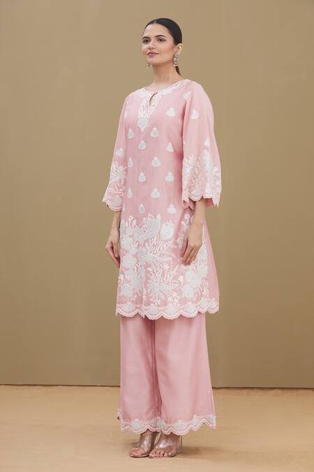 Shop_Surabhi Arya_Pink Round Chanderi Embroidered Kurta Set_Online_at_Aza_Fashions