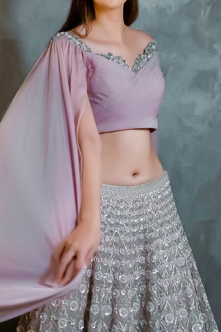 COUTURE BY NIHARIKA_Purple Organza, Flat Chiffon Sweetheart Neck Embroidered Lehenga Set _Online_at_Aza_Fashions