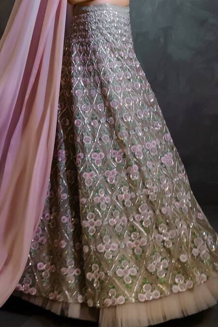 Buy_COUTURE BY NIHARIKA_Purple Organza, Flat Chiffon Sweetheart Neck Embroidered Lehenga Set _Online_at_Aza_Fashions