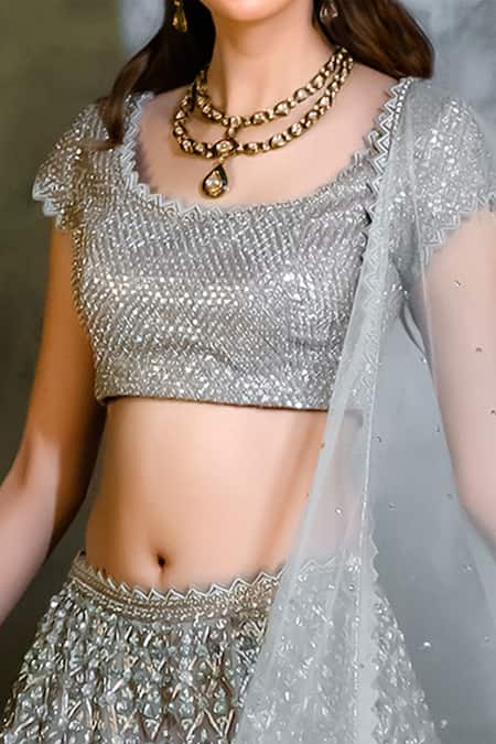 Buy Lana brown and silver lehenga with a blouse and dupatta.