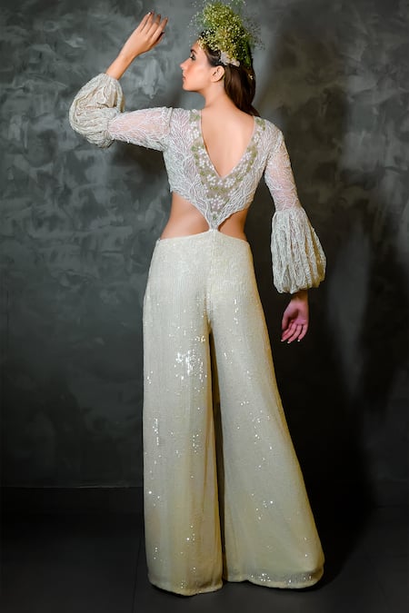 Shop COUTURE BY NIHARIKA White Net V Neck Embroidered Jumpsuit at Aza Fashions Shop_COUTURE BY NIHARIKA_White Net V Neck Embroidered Jumpsuit _at_Aza_Fashions