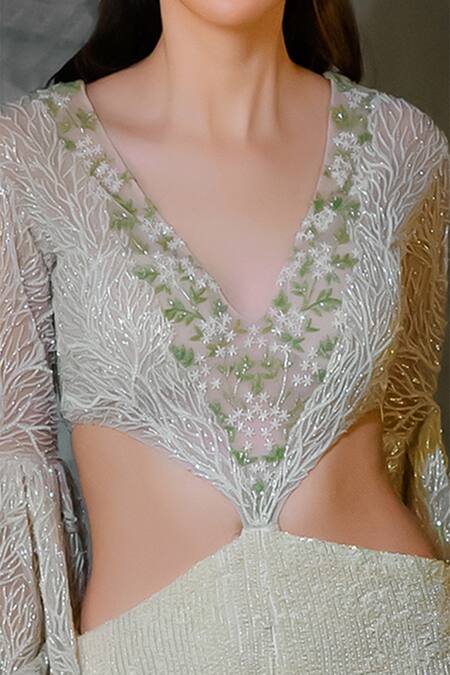 COUTURE BY NIHARIKA White Net V Neck Embroidered Jumpsuit Online at Aza Fashions COUTURE BY NIHARIKA_White Net V Neck Embroidered Jumpsuit _Online_at_Aza_Fashions