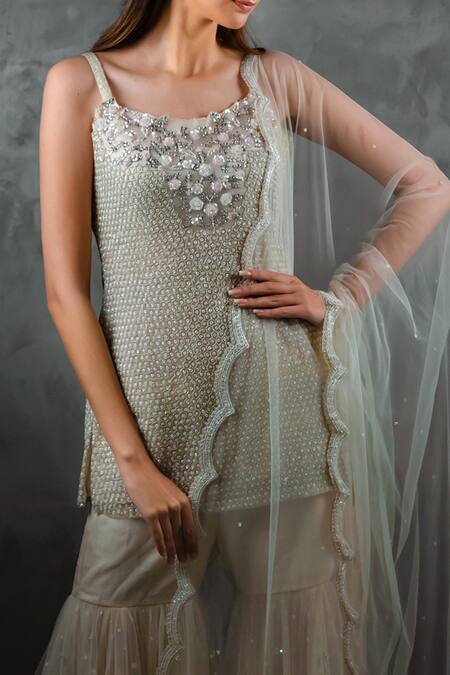 COUTURE BY NIHARIKA_White Organza, Taiwan Net Round Embroidered Kurta Set _Online_at_Aza_Fashions