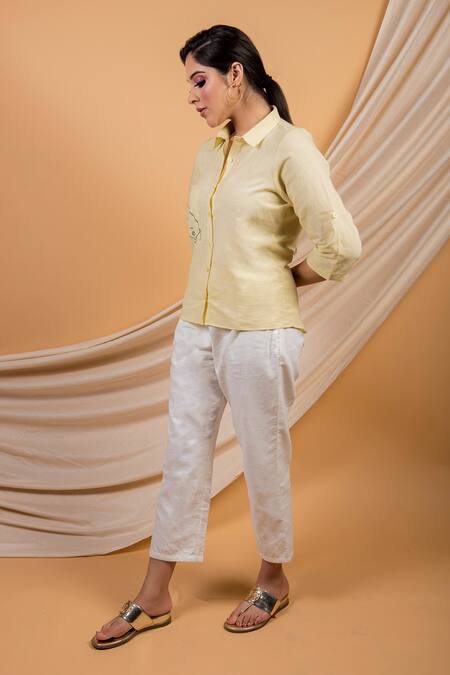 Shop Priya Chaudhary Yellow Cotton Linen Shirt Collar Online at Aza Fashions Shop_Priya Chaudhary_Yellow Cotton Linen Shirt Collar _Online_at_Aza_Fashions