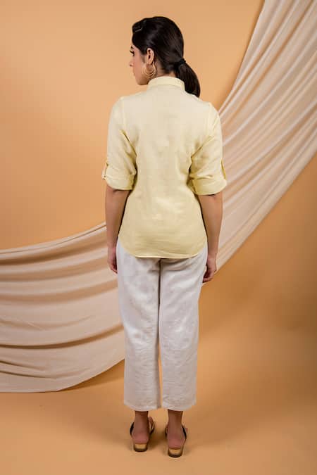 Shop Priya Chaudhary Yellow Cotton Linen Shirt Collar at Aza Fashions Shop_Priya Chaudhary_Yellow Cotton Linen Shirt Collar _at_Aza_Fashions