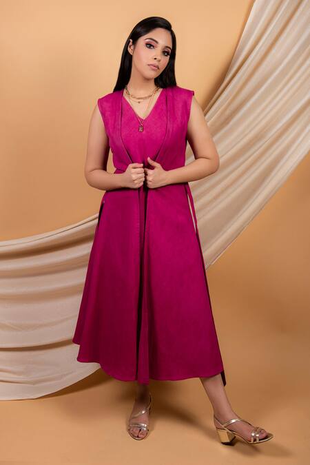 Buy_Priya Chaudhary_Pink Cotton Linen Embroidery Open Cape_Online_at_Aza_Fashions