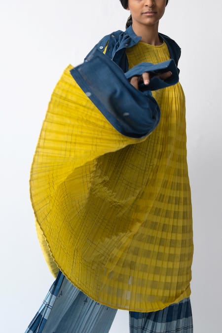 Urvashi Kaur_Yellow Cotton Round Neck Checks Kantha Pleated Dress _Online_at_Aza_Fashions