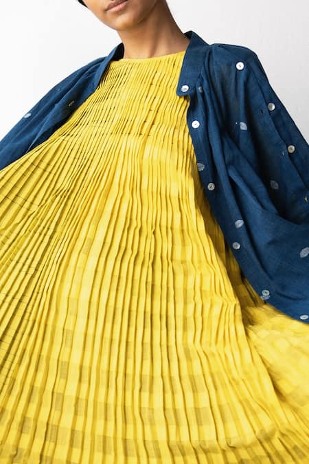 Buy_Urvashi Kaur_Yellow Cotton Round Neck Checks Kantha Pleated Dress _Online_at_Aza_Fashions