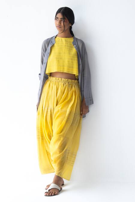 Urvashi Kaur_Yellow Silk, Cotton Embroidery Round Neck Crop Top _Online_at_Aza_Fashions