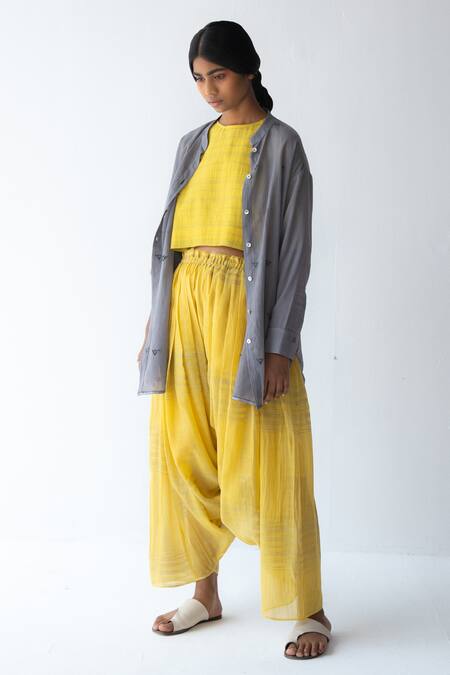 Shop_Urvashi Kaur_Yellow Silk, Cotton Embroidery Round Neck Crop Top _Online_at_Aza_Fashions