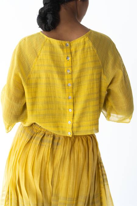 Urvashi Kaur_Yellow Silk, Cotton Embroidery Round Neck Crop Top _at_Aza_Fashions