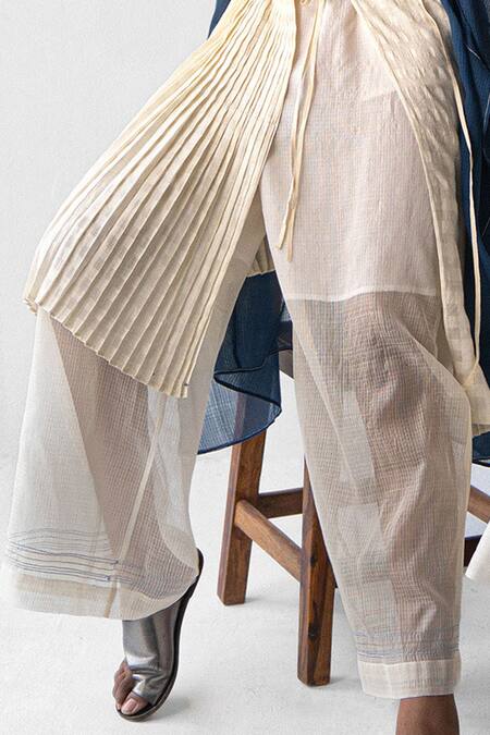 Urvashi Kaur_White Handloom Cotton Embroidery Kota Sheer Pant With Checks _Online_at_Aza_Fashions