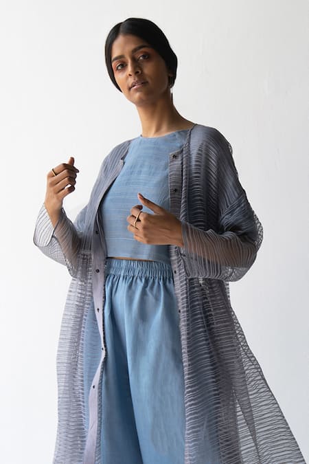 Urvashi Kaur_Gray Linen Round Neck Striped Noil Overlay _Online_at_Aza_Fashions