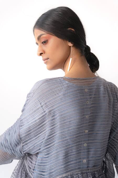 Shop_Urvashi Kaur_Gray Linen Round Neck Striped Noil Overlay _Online_at_Aza_Fashions