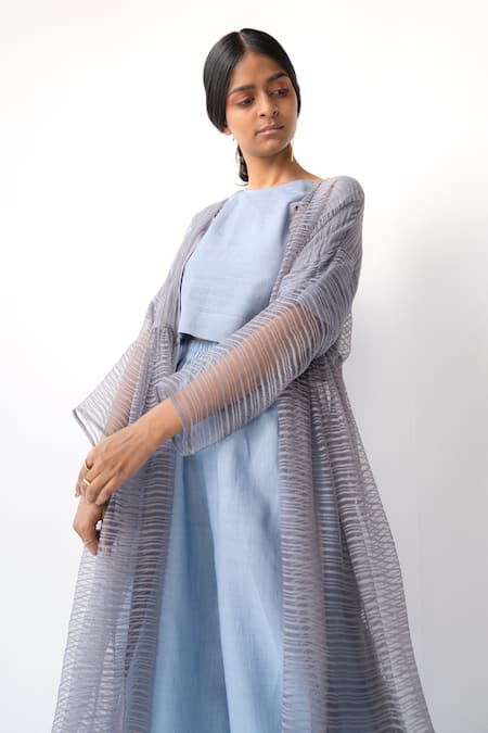 Urvashi Kaur_Blue Embroidery Round Neck Silk Cotton Top _Online_at_Aza_Fashions