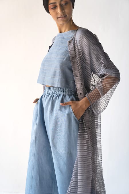 Buy_Urvashi Kaur_Blue Embroidery Round Neck Silk Cotton Top _Online_at_Aza_Fashions