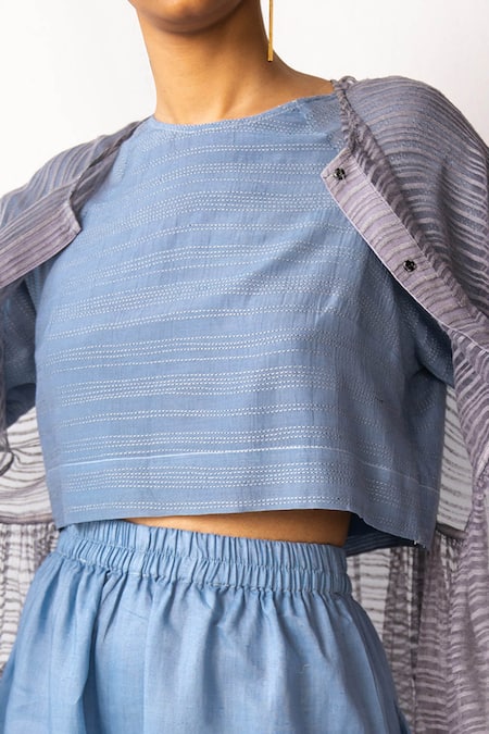 Shop_Urvashi Kaur_Blue Embroidery Round Neck Silk Cotton Top _Online_at_Aza_Fashions