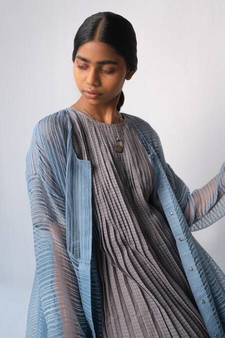 Urvashi Kaur_Blue Linen Round Neck Striped Noil Overlay _Online_at_Aza_Fashions