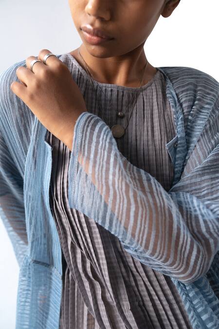 Buy_Urvashi Kaur_Blue Linen Round Neck Striped Noil Overlay _Online_at_Aza_Fashions
