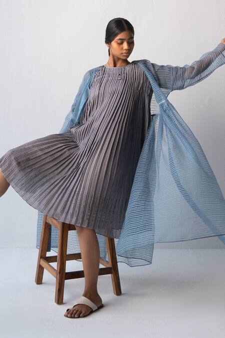 Urvashi Kaur Gray Cotton Round Neck Pleated Midi Dress