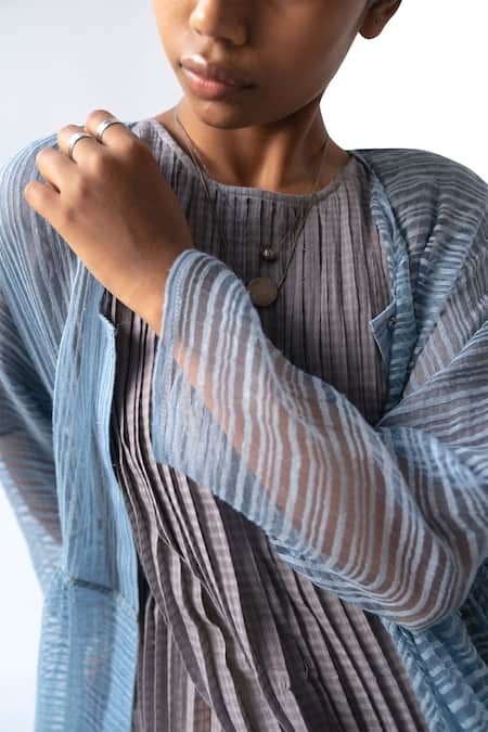 Buy_Urvashi Kaur_Gray Cotton Round Neck Pleated Midi Dress _Online_at_Aza_Fashions