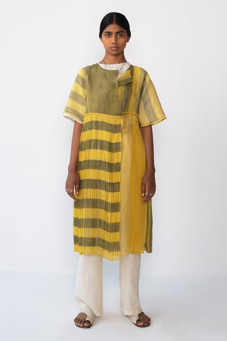 Urvashi Kaur_Yellow Handloom Cotton Round Neck Striped Micro Pleat Wrap Dress _Online_at_Aza_Fashions