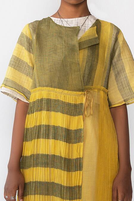 Shop_Urvashi Kaur_Yellow Handloom Cotton Round Neck Striped Micro Pleat Wrap Dress _Online_at_Aza_Fashions