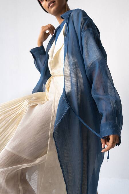 Urvashi Kaur_Blue Kota Doria Collared Cotton Embroidered Shirt Dress _Online_at_Aza_Fashions