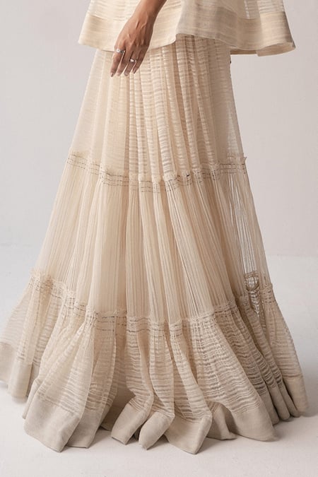Urvashi Kaur_Off White Linen Embroidery Tiered Skirt _Online_at_Aza_Fashions