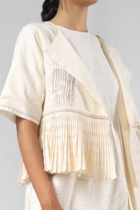 Urvashi Kaur_Off White Cotton Open Neck Block Print And Pleated Peplum Jacket_Online_at_Aza_Fashions