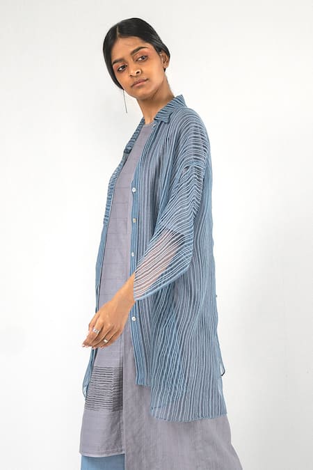 Urvashi Kaur Blue Linen Collared Sheer Striped Full Sleeve Shirt