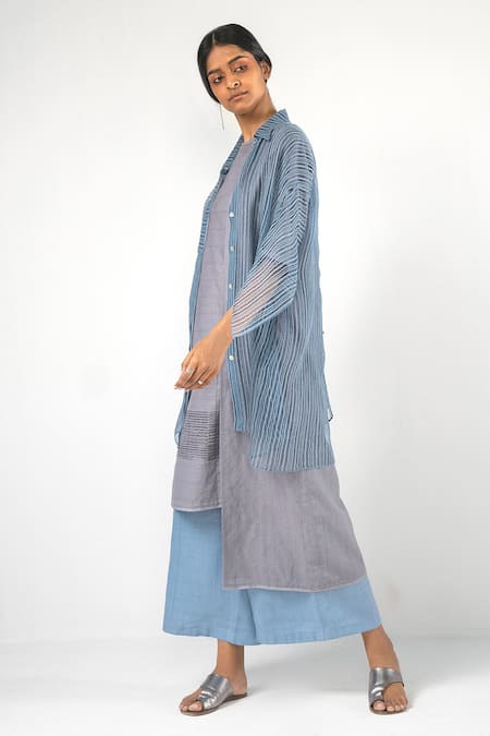 Buy_Urvashi Kaur_Blue Linen Collared Sheer Striped Full Sleeve Shirt _Online_at_Aza_Fashions