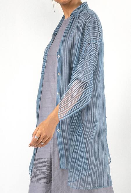 Shop_Urvashi Kaur_Blue Linen Collared Sheer Striped Full Sleeve Shirt _Online_at_Aza_Fashions