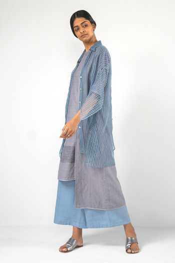 Urvashi Kaur_Gray Cotton Round Neck Block Print Asymmetric Hem Tunic_Online_at_Aza_Fashions