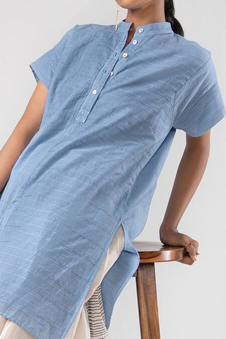 Urvashi Kaur_Blue Cotton Embroidery Mandarin Collar Striped Tunic _Online_at_Aza_Fashions