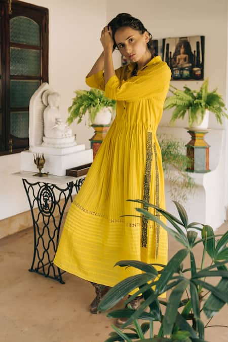 Rriso Yellow Cotton Embroidery Collared Neck Maxi Dress  