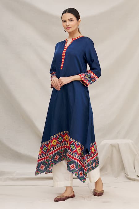 Buy Meghna Panchmatia Blue Linen Silk Mandarin Collar Kurta Online at Aza Fashions Buy_Meghna Panchmatia_Blue Linen Silk Mandarin Collar Kurta _Online_at_Aza_Fashions