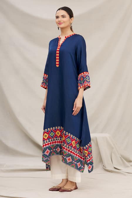 Shop Meghna Panchmatia Blue Linen Silk Mandarin Collar Kurta Online at Aza Fashions Shop_Meghna Panchmatia_Blue Linen Silk Mandarin Collar Kurta _Online_at_Aza_Fashions