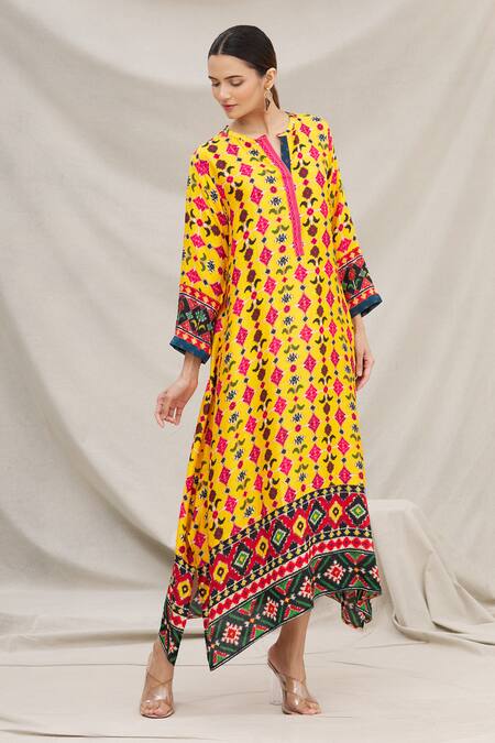 Buy Meghna Panchmatia Yellow Silk Blend Round Printed Dress Online at Aza Fashions Buy_Meghna Panchmatia_Yellow Silk Blend Round Printed Dress _Online_at_Aza_Fashions