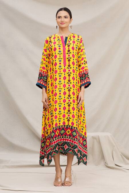 Shop Meghna Panchmatia Yellow Silk Blend Round Printed Dress Online at Aza Fashions Shop_Meghna Panchmatia_Yellow Silk Blend Round Printed Dress _Online_at_Aza_Fashions