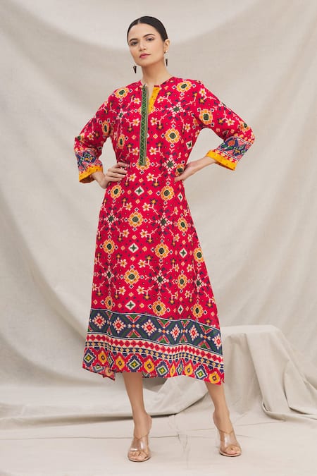Meghna Panchmatia Red Silk Blend Round Printed Dress 