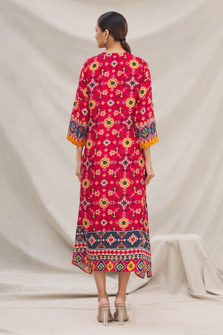 Shop Meghna Panchmatia Red Silk Blend Round Printed Dress at Aza Fashions Shop_Meghna Panchmatia_Red Silk Blend Round Printed Dress _at_Aza_Fashions
