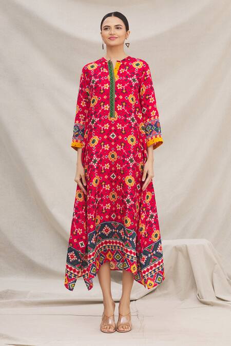 Shop Meghna Panchmatia Red Silk Blend Round Printed Dress Online at Aza Fashions Shop_Meghna Panchmatia_Red Silk Blend Round Printed Dress _Online_at_Aza_Fashions