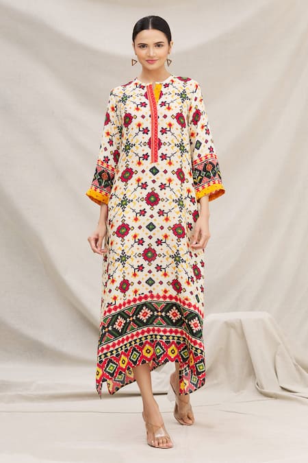 Meghna Panchmatia White Silk Blend Round Printed Dress 