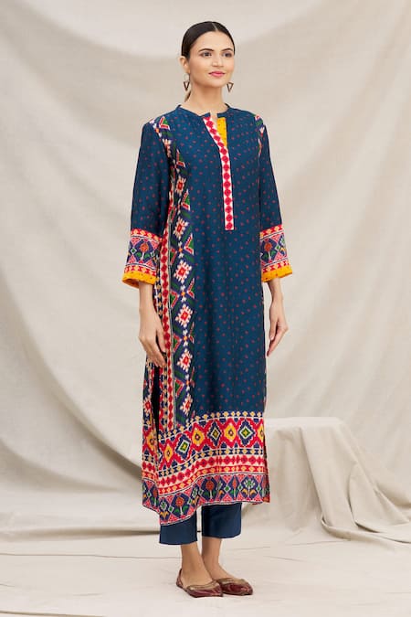 Meghna Panchmatia Blue Silk Blend Round Printed Kurta Online at Aza Fashions Meghna Panchmatia_Blue Silk Blend Round Printed Kurta _Online_at_Aza_Fashions