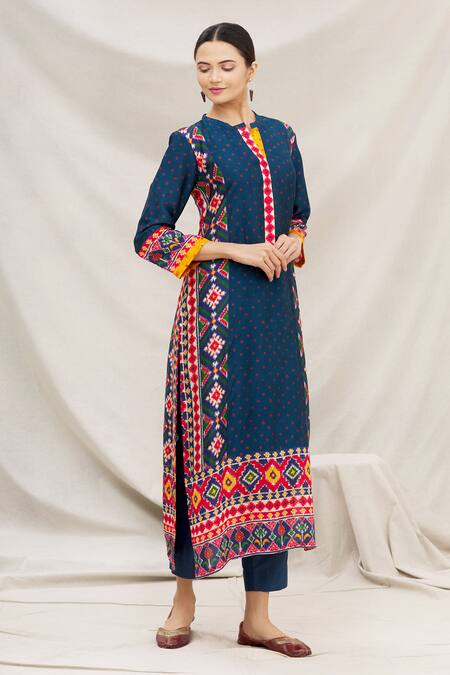 Buy Meghna Panchmatia Blue Silk Blend Round Printed Kurta Online at Aza Fashions Buy_Meghna Panchmatia_Blue Silk Blend Round Printed Kurta _Online_at_Aza_Fashions