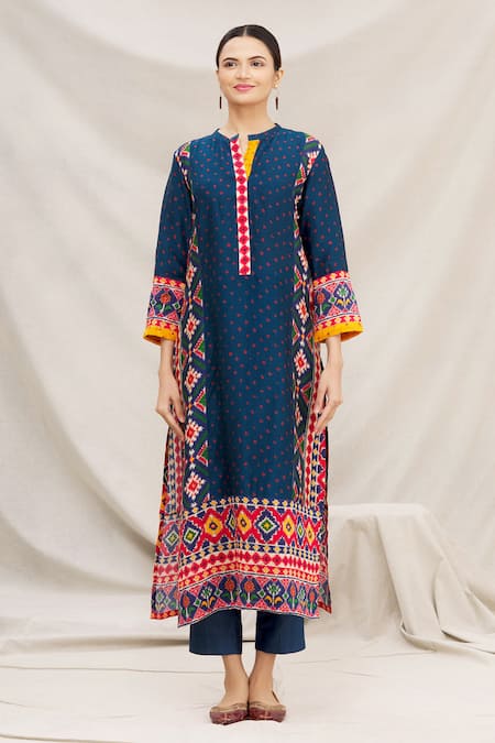 Shop Meghna Panchmatia Blue Silk Blend Round Printed Kurta Online at Aza Fashions Shop_Meghna Panchmatia_Blue Silk Blend Round Printed Kurta _Online_at_Aza_Fashions
