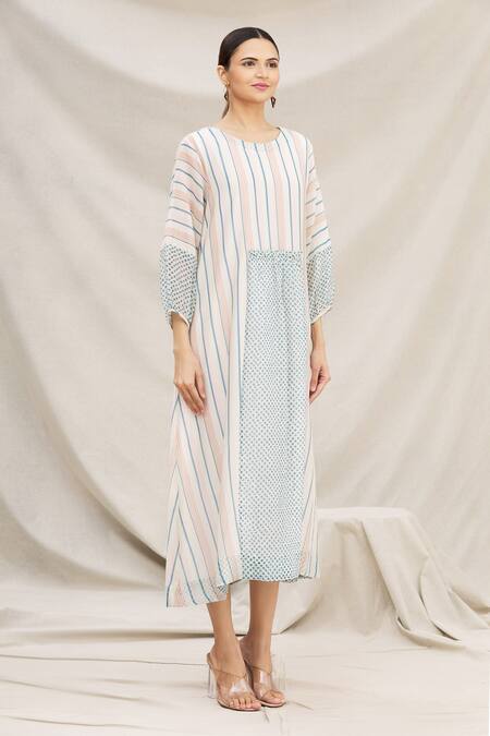 Meghna Panchmatia White Chanderi Silk Round Printed Midi Dress Online at Aza Fashions Meghna Panchmatia_White Chanderi Silk Round Printed Midi Dress _Online_at_Aza_Fashions